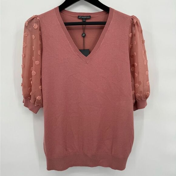 Adrianna Papell Clip Dot Puff Sleeve Sweater Size L Beautiful‎ Dusty Rose Color - Picture 1 of 10